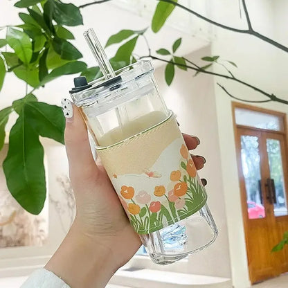 Glass Cup With Lid and Straw